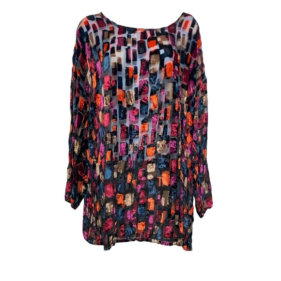 J Jill Blouse Womens 1X Velvet Burnout Tunic Top Sheer Boho Silk Rayon Shirt - Picture 1 of 12